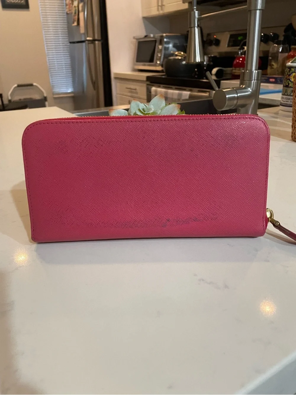 GUC Prada Pink Saffiano Metal Leather Bow Continental Wallet